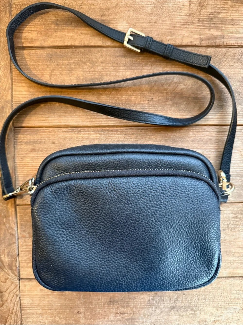 Pom Pom London Mayfair Black Leather Crossbody Camera Bag Double Zip - Picture 2 of 11